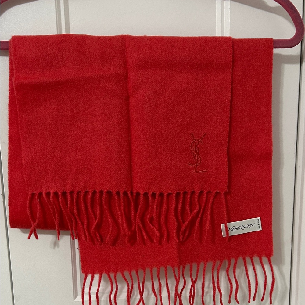 Yves Saint Laurent orange Red Fringed Wool Scarf